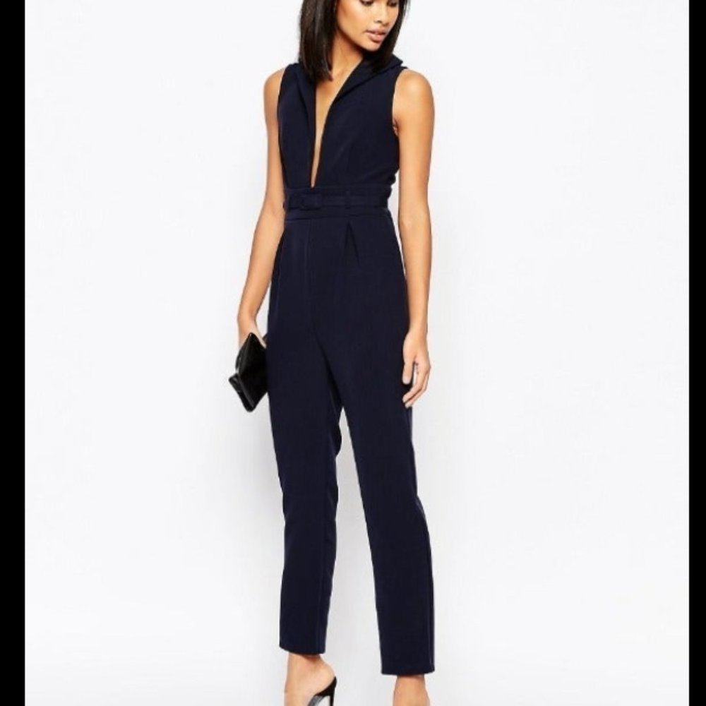 Asos Navy Blue Deep Plunge Tux Jumpsuit